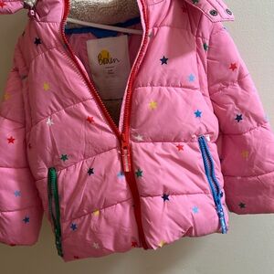 Boden Pink Puffer Jacket with Multicolor Stars